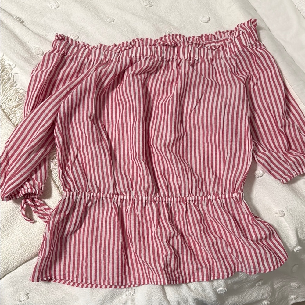 Michael Kors Red and White Off the Shoulder Blouse